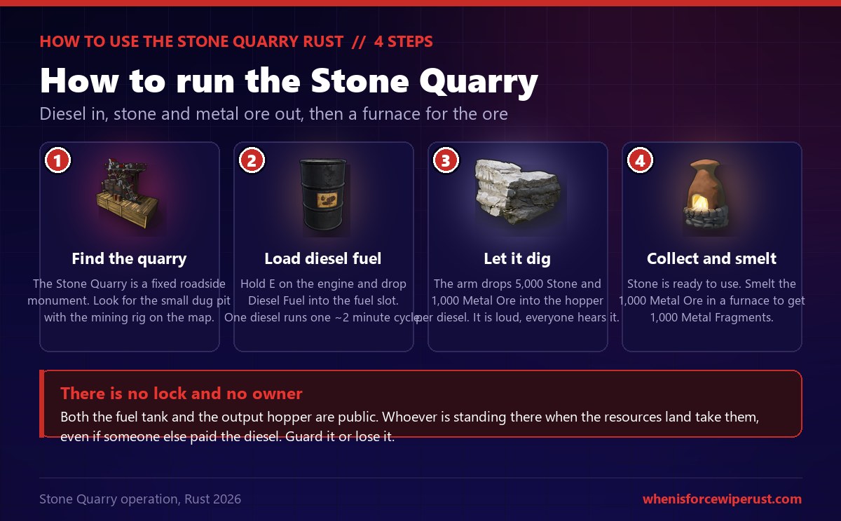 Four step guide to running the Rust Stone Quarry: find the fixed roadside quarry pit, load Diesel Fuel into the engine for a two minute cycle, let the arm drop 5,000 stone and 1,000 metal ore into the output hopper, then collect the ready-to-use stone and smelt the metal ore in a furnace into 1,000 metal fragments, with a warning that the fuel tank and hopper are public and unlockable so whoever stands there takes the output