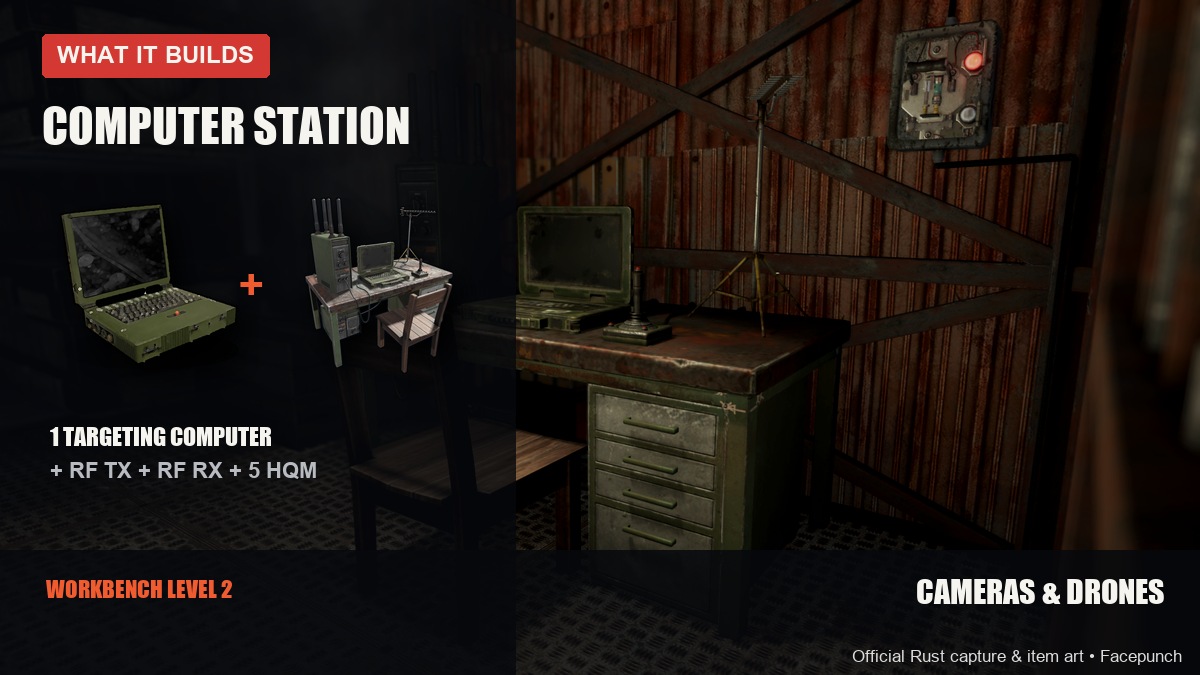 Computer station recipe in Rust: 1 targeting computer, 1 RF broadcaster, 1 RF receiver and 5 HQM