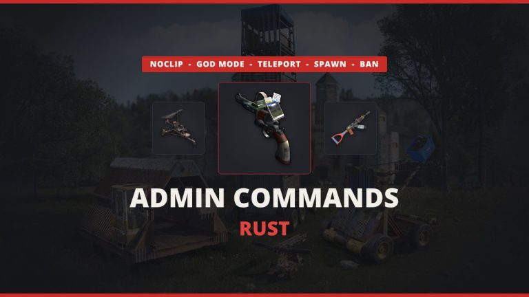 Rust admin commands featured image: the Garry's Mod tool gun icon between a Minicopter and an Assault Rifle over real Rust in-game art