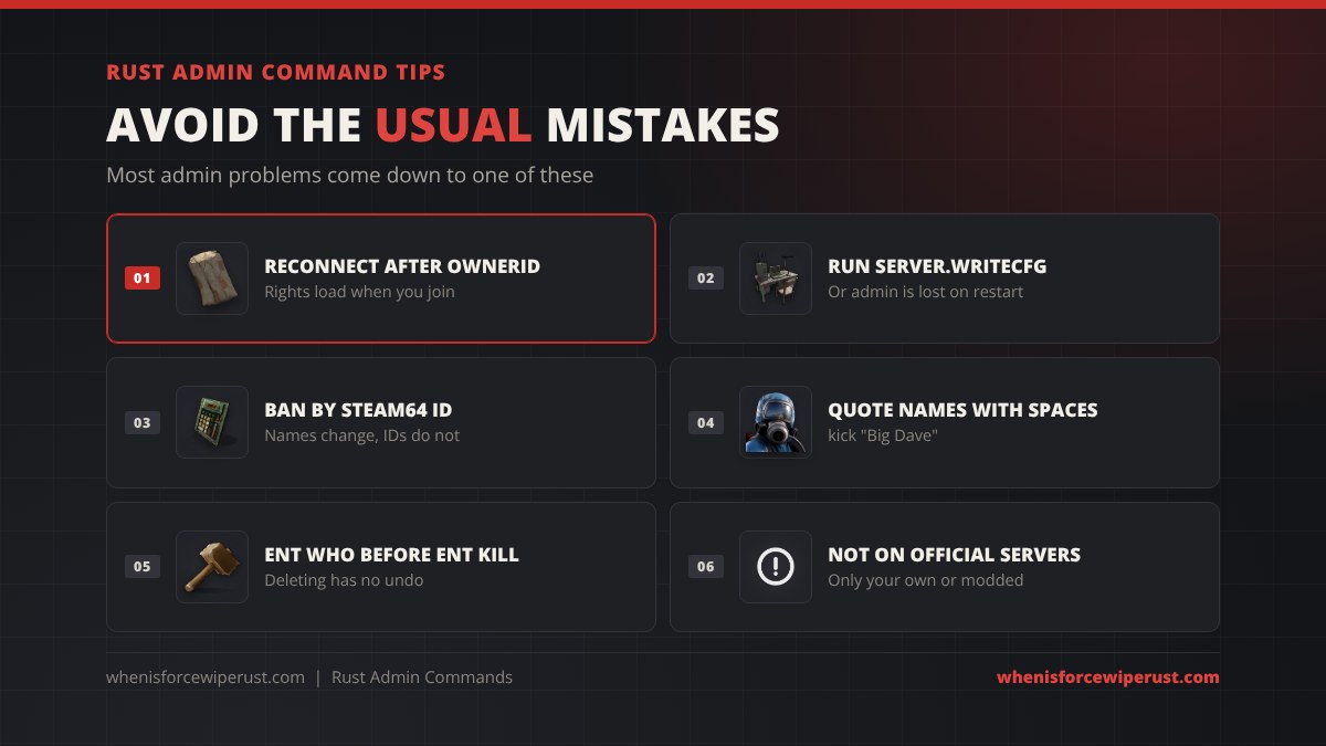 Rust admin command tips: run ownerid from RCON then reconnect, save with server.writecfg, ban by Steam64 ID, use quotes around names with spaces, aim before ent kill, and admin commands do nothing on official servers