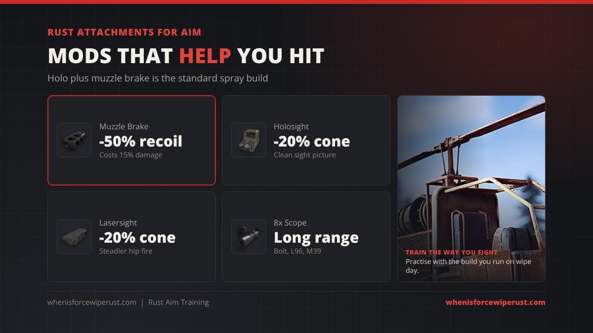 Rust attachments that help your aim: Muzzle Brake cuts recoil by 50 percent for 15 percent damage, Holosight and Weapon Lasersight each cut the aim cone by 20 percent, and the 8x Scope is for long range on the Bolt, L96 and M39
