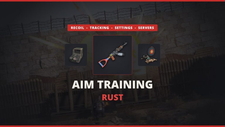 Rust aim training featured image: the Rust Assault Rifle icon between a Holosight and a Reactive Target over real in-game Rust raid art