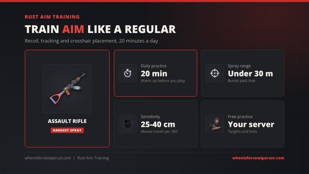Rust aim training at a glance: the Assault Rifle has the hardest spray, practise 20 minutes a day, spray under 30 metres, use a sensitivity of 25 to 40 cm per 360, and practise free on your own server