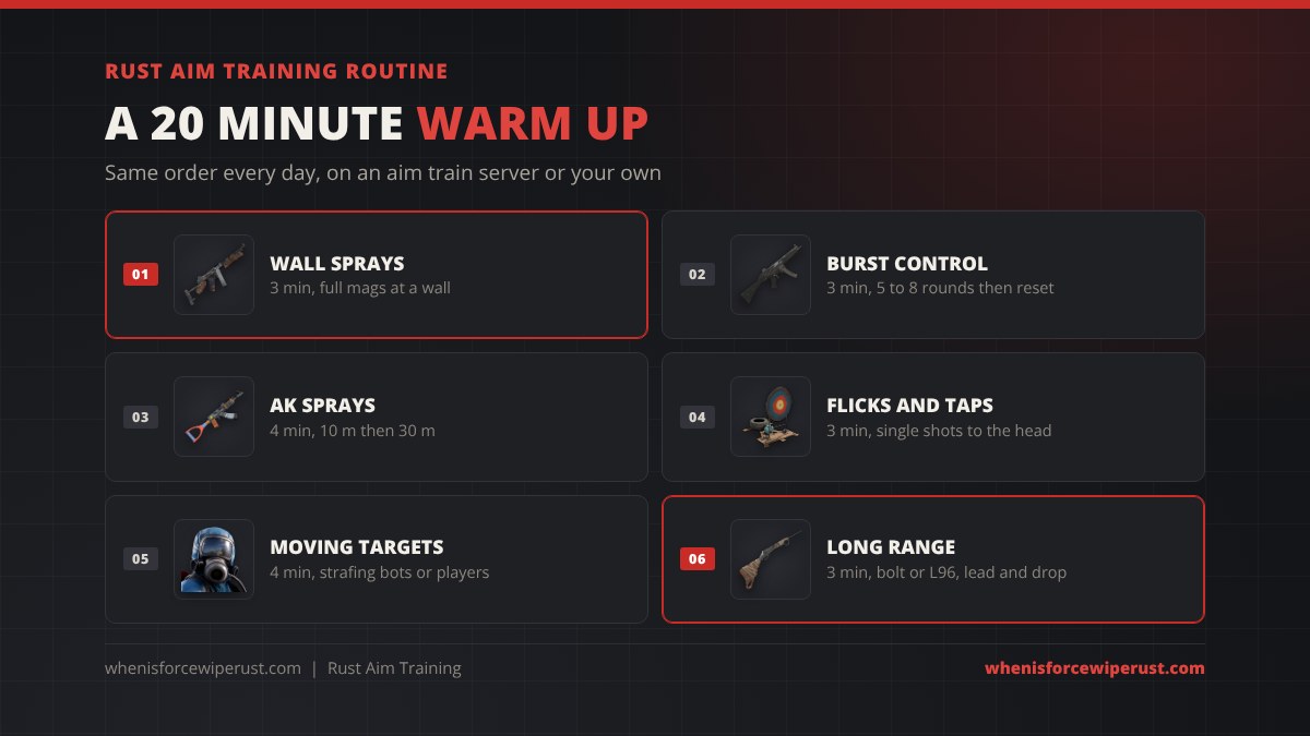 Rust aim training routine in six steps: wall sprays with the Thompson, burst control with the MP5A4, AK sprays at 10 and 30 metres, flicks and taps on a Reactive Target, moving targets against scientists or bots, and long range with the Bolt Action Rifle or L96