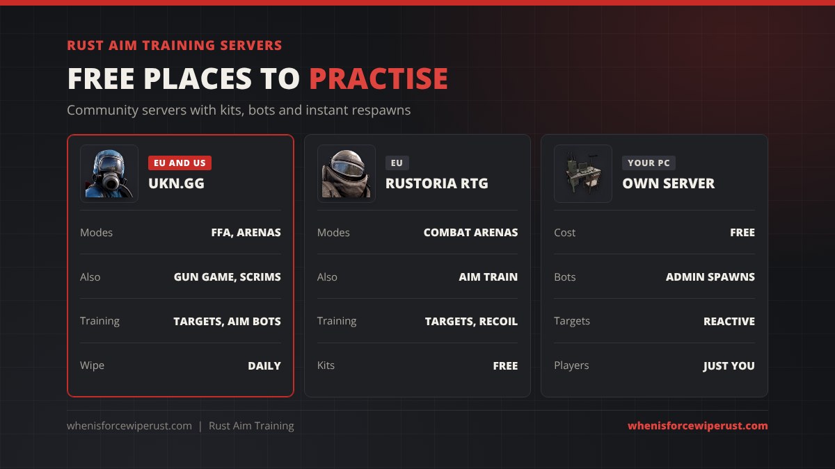 Rust aim training servers: UKN.GG training grounds in the EU and US with FFA, arenas, gun game, scrims, targets and aim bots, Rustoria RTG combat arenas with aim train and recoil practice, and your own free server with admin spawns and Reactive Targets