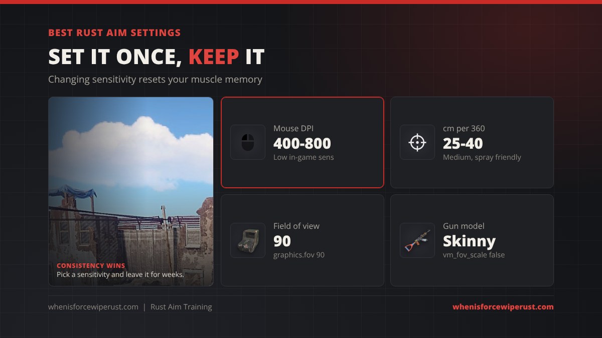 Best Rust aim settings: 400 to 800 mouse DPI with a low in-game sensitivity, 25 to 40 cm per 360, field of view 90, and the skinny gun model with graphics.vm_fov_scale false