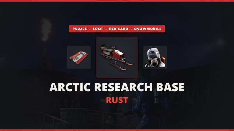 Arctic Research Base Rust featured image: the snowmobile between a red keycard and an arctic scientist over a real in-game monument scene at night