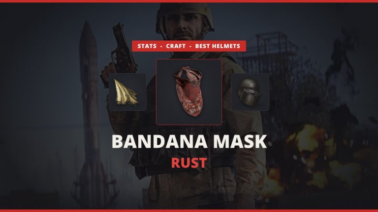 Rust bandana featured image: the red Bandana Mask icon between cloth and a Riot Helmet over a real in-game Rust player