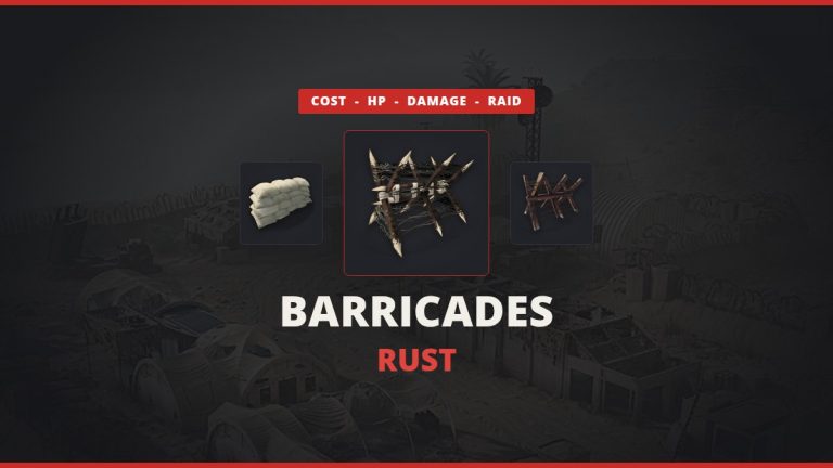 Rust barricades featured image: the barbed wooden barricade icon between the sandbag and metal barricades over a real in-game military base with barbed wire