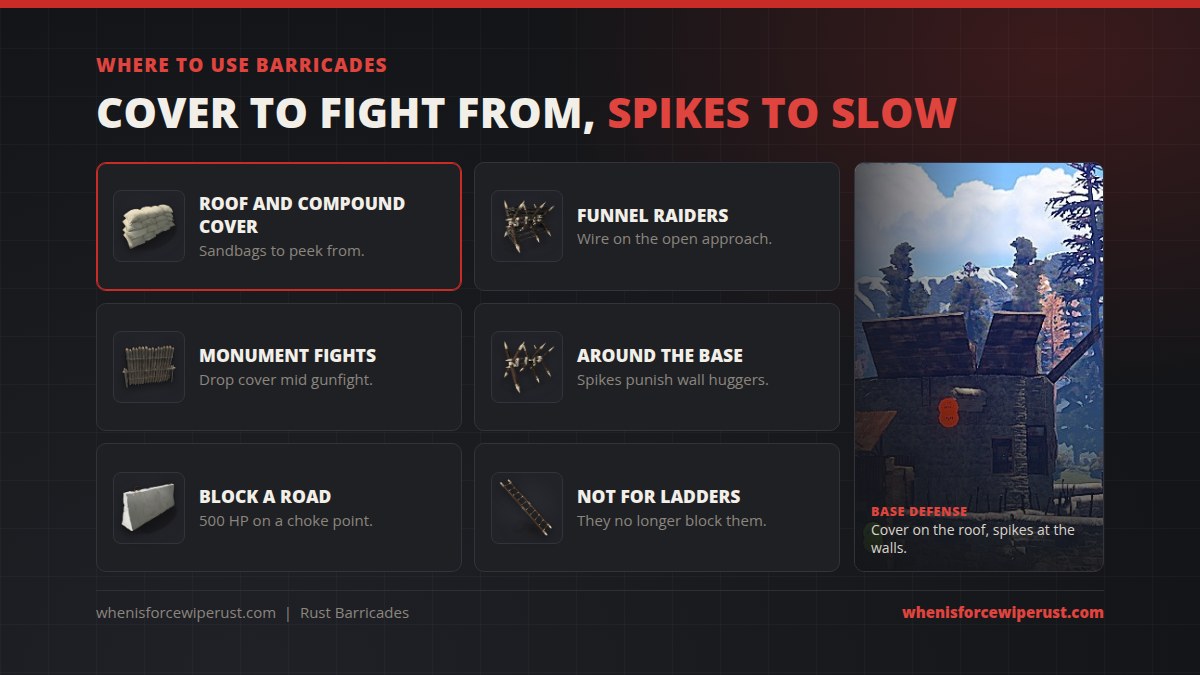 Where to use barricades in Rust: sandbags for roof and compound cover, barbed wire to funnel raiders on the open approach, wooden cover for monument fights, spikes around the base, a concrete barricade to block a road, and not for blocking ladders