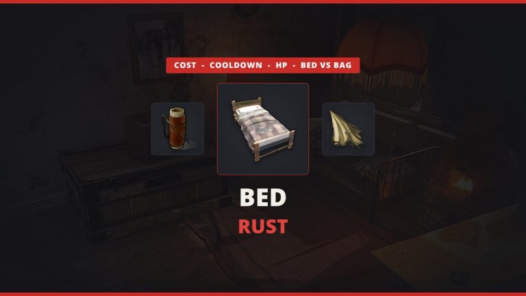 Rust bed featured image: the bed icon between a sewing kit and cloth over a real in-game Rust room with a bed