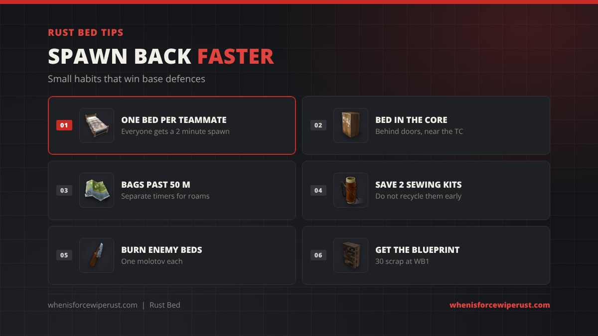 Rust bed tips: one bed per teammate, put the bed in the core near the tool cupboard, keep bags more than 50 metres away, save 2 sewing kits, burn enemy beds with a molotov and get the blueprint for 30 scrap at Workbench 1