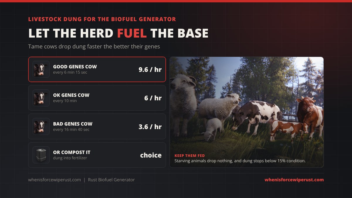 Rust livestock dung for the Biofuel Generator: a tame cow drops dung every 6 to 17 minutes depending on genes, each dung makes 1 low grade fuel, and dung can also go into a composter for fertilizer