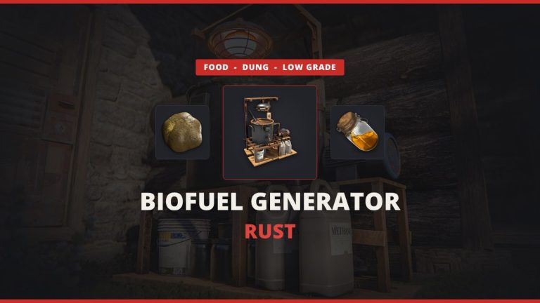 Biofuel Generator Rust featured image: the Biofuel Generator between dung and low grade fuel over an in-game shot of the generator