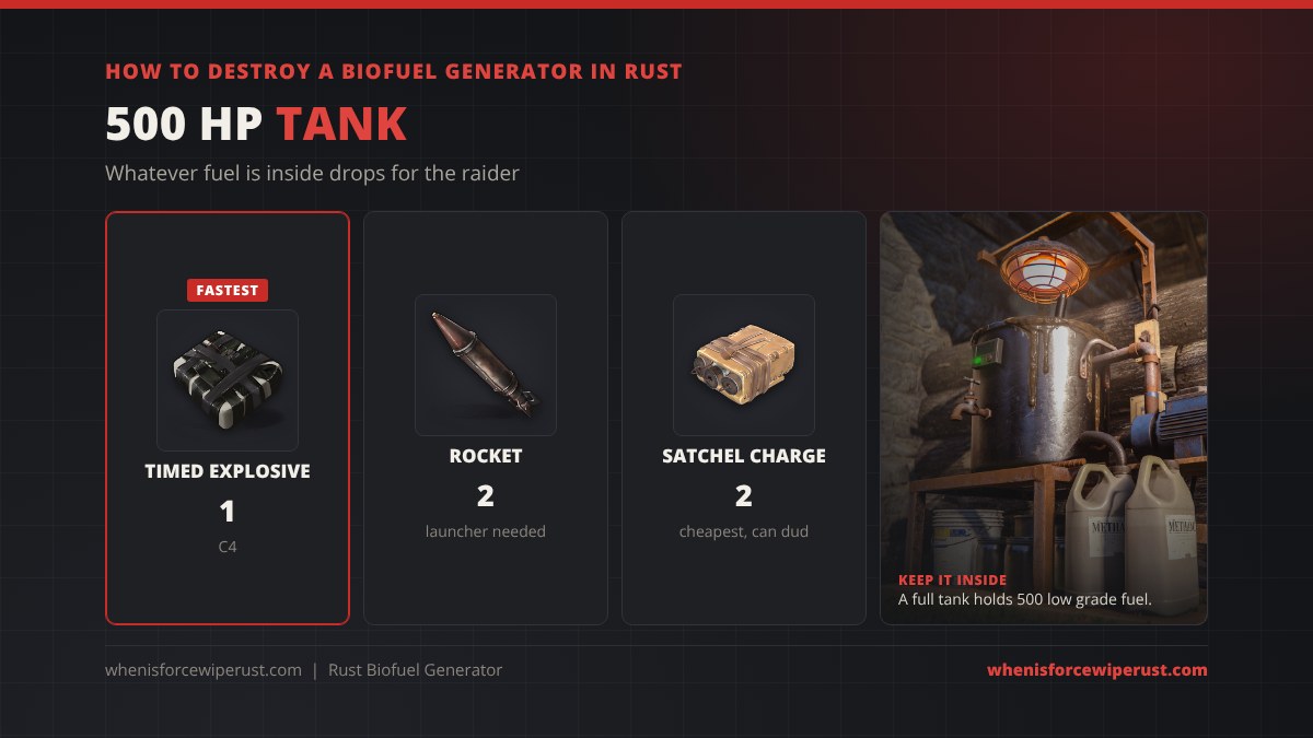 How to destroy a Biofuel Generator in Rust: 500 HP, 1 C4, 2 rockets or 2 satchel charges