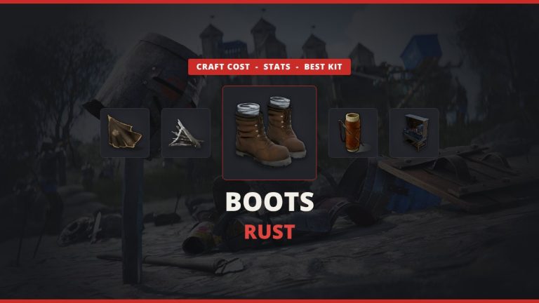 Boots Rust featured image: the Rust Boots icon between leather, metal fragments, a sewing kit and a Workbench 2 over darkened official Rust art