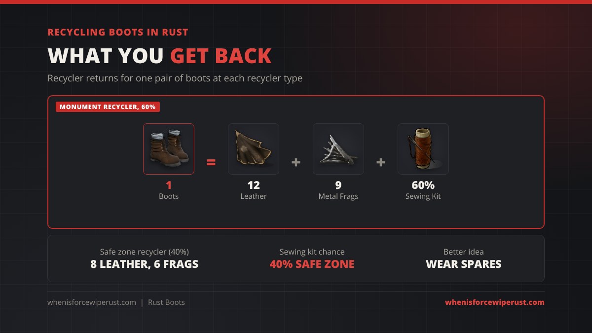 Recycling boots in Rust: a monument recycler returns 12 leather, 9 metal fragments and a 60% chance of a sewing kit; a safe zone recycler returns 8 leather, 6 metal fragments and a 40% sewing kit chance