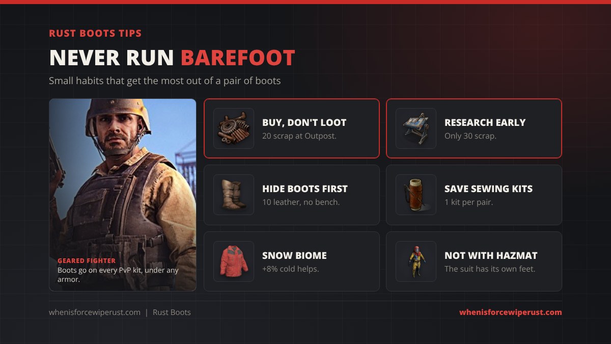 Rust boots tips: buy them for 20 scrap at Outpost, research them early for 30 scrap, wear hide boots first, save sewing kits, use them in the snow biome for 8% cold, and leave them off with a hazmat suit