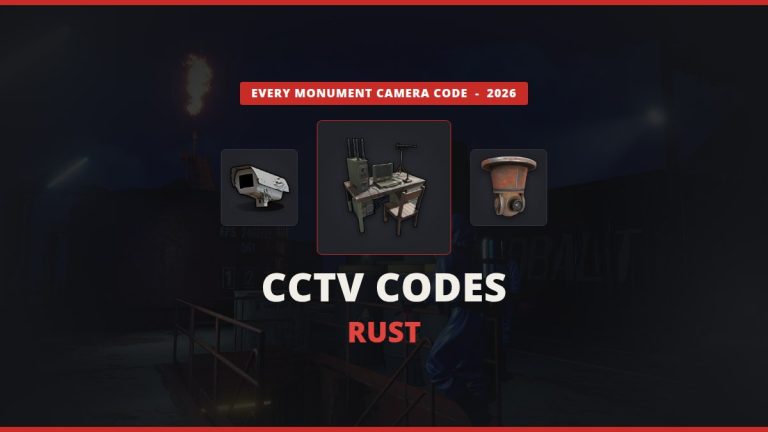 Rust CCTV codes featured image: the Computer Station icon between a CCTV camera and a PTZ camera over a real in-game Large Oil Rig screenshot