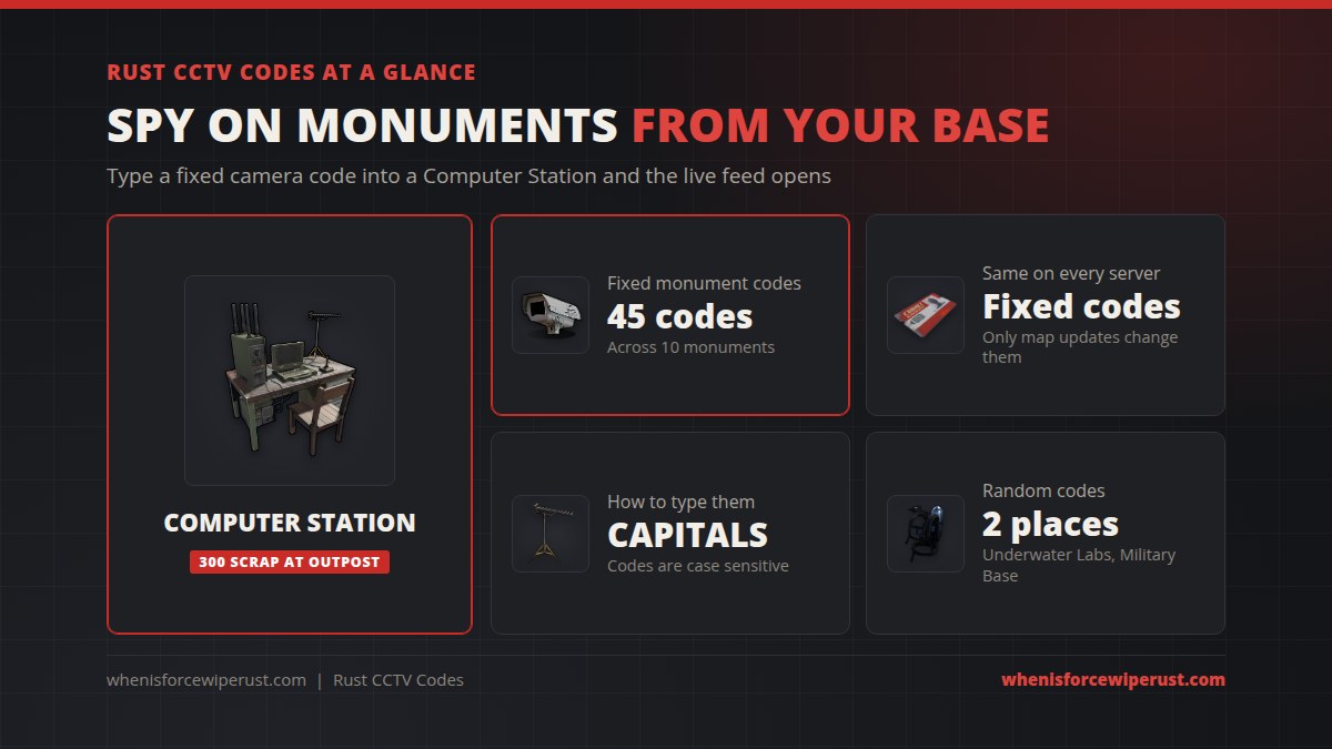 Rust CCTV codes at a glance: 45 fixed monument camera codes across 10 monuments, the same on every server, typed in capitals into a Computer Station that costs 300 scrap at Outpost, with random codes only at the Underwater Labs and Abandoned Military Base