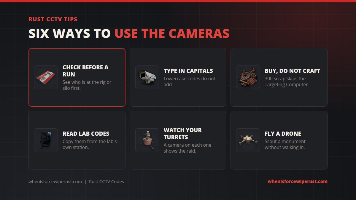 Six Rust CCTV tips: check the Oil Rig or Silo cameras before a run, type codes in capitals, buy the Computer Station for 300 scrap instead of crafting it, read Underwater Lab codes from the lab's own station, put a camera on each turret, and fly a drone to scout