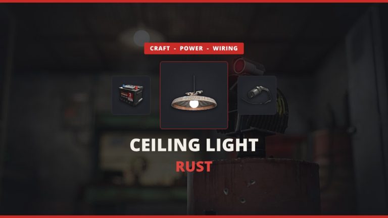 Ceiling Light Rust featured image: the Ceiling Light between a small rechargeable battery and the Wire Tool over a real in-game base lit by a ceiling light