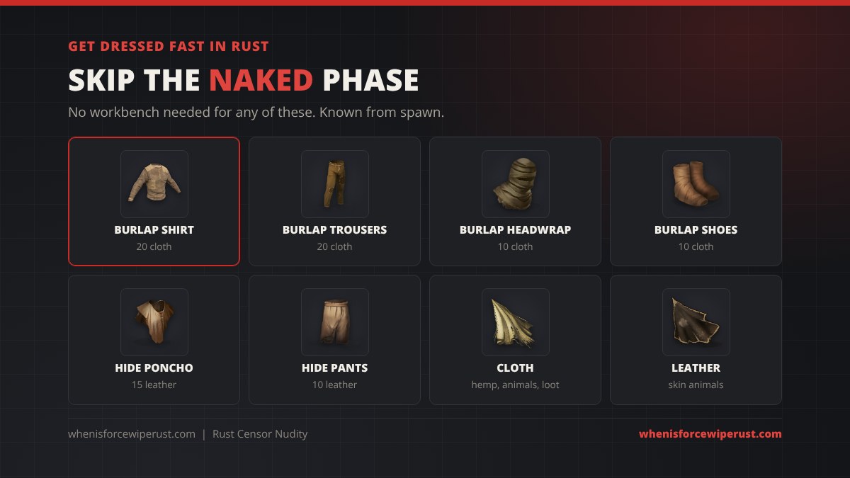 Get dressed fast in Rust with no workbench: burlap shirt 20 cloth, burlap trousers 20 cloth, burlap headwrap 10 cloth, burlap shoes 10 cloth, hide poncho 15 leather, hide pants 10 leather, cloth from hemp and animals, leather from skinning animals