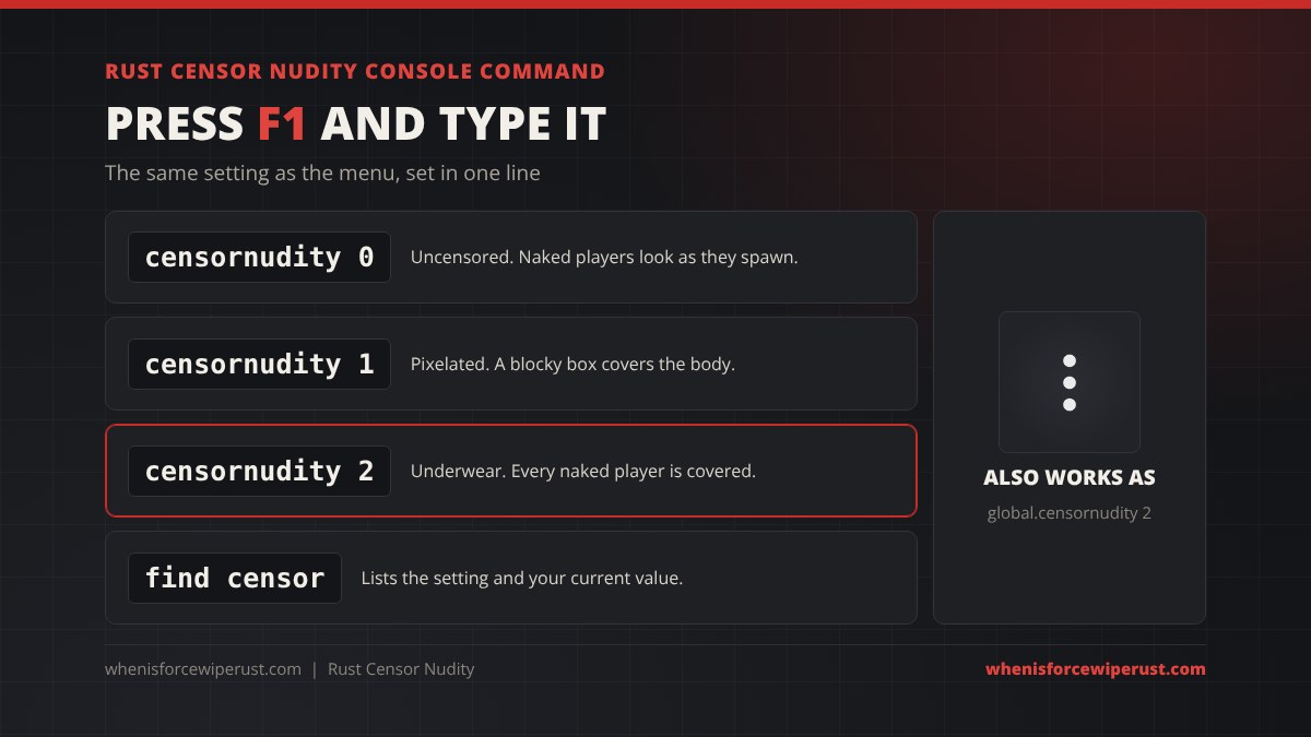 Rust censor nudity console command: press F1 and type censornudity 0 for uncensored, censornudity 1 for pixelated, censornudity 2 for underwear, find censor shows the current value, also works as global.censornudity