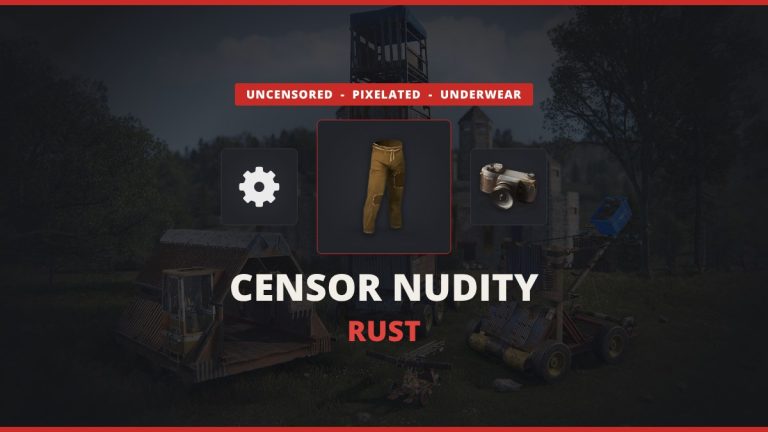 Rust censor nudity featured image: the settings gear, burlap trousers and a camera over real official Rust game art, with the three modes uncensored, pixelated and underwear
