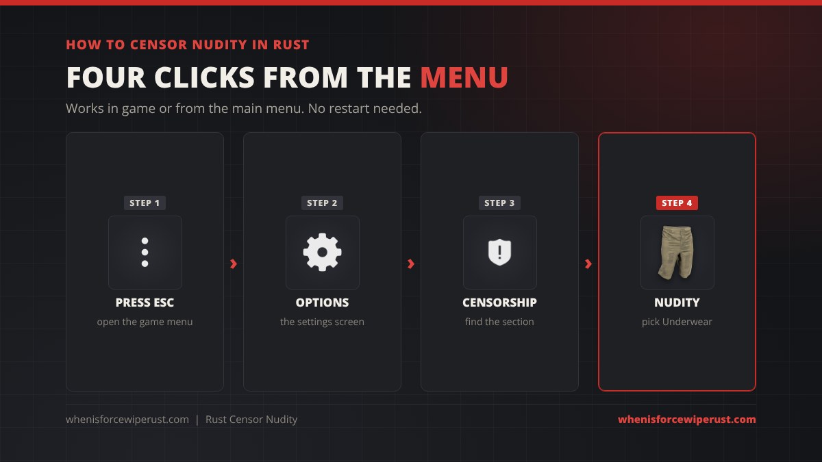 How to censor nudity in Rust: press Esc, open Options, find the Censorship section, set Nudity to Underwear, no restart needed
