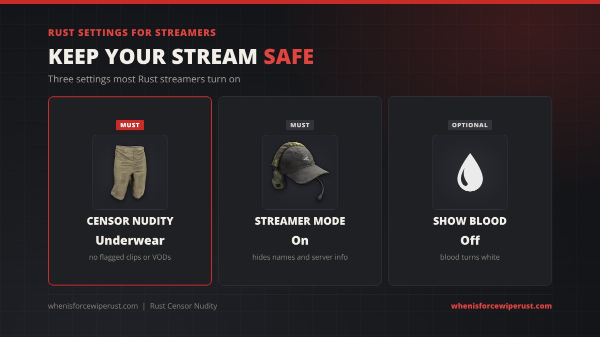 Rust settings for streamers: censor nudity set to underwear so clips are not flagged, streamer mode on to hide names and server info, and show blood off as an option to turn blood white