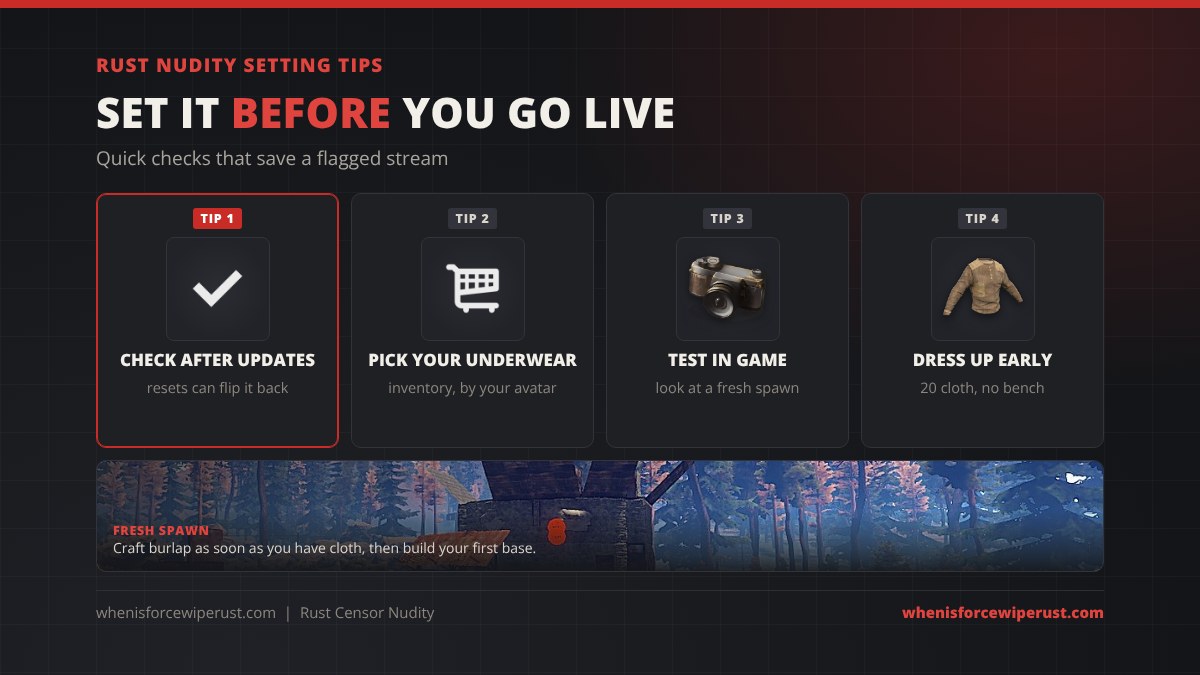 Rust nudity setting tips: check the setting after updates because resets can flip it back, pick your underwear in the inventory next to your avatar, test it on a fresh spawn, and dress up early with a burlap shirt for 20 cloth
