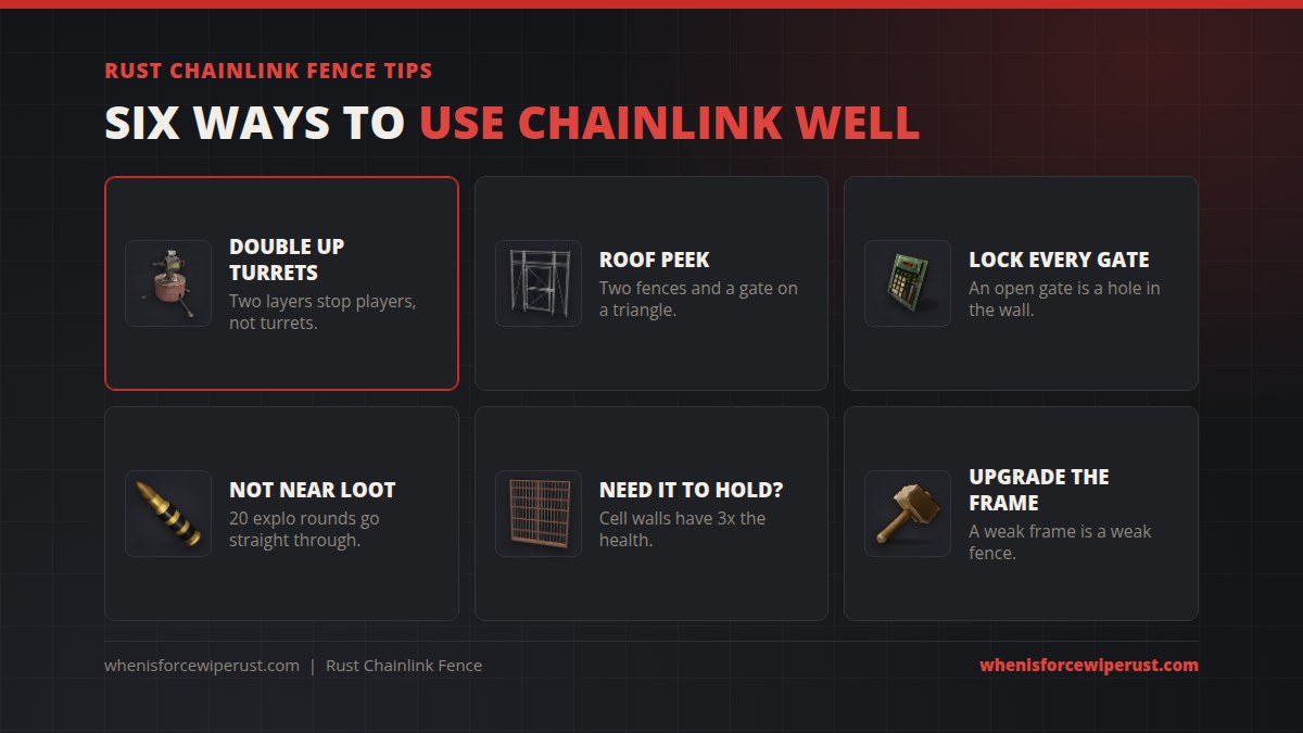 Rust chainlink fence tips: double-layer fences around a turret, build a roof peek with two fences and a gate on a triangle frame, lock every gate, never use chainlink as the last wall before loot, use cell walls when it must hold, and upgrade the frame