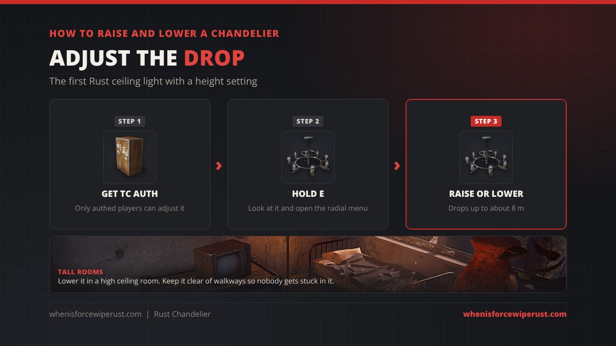 How to raise and lower a Chandelier in Rust: get Tool Cupboard authorization, look at the chandelier and hold E to open the radial menu, then raise or lower it by up to about 8 metres