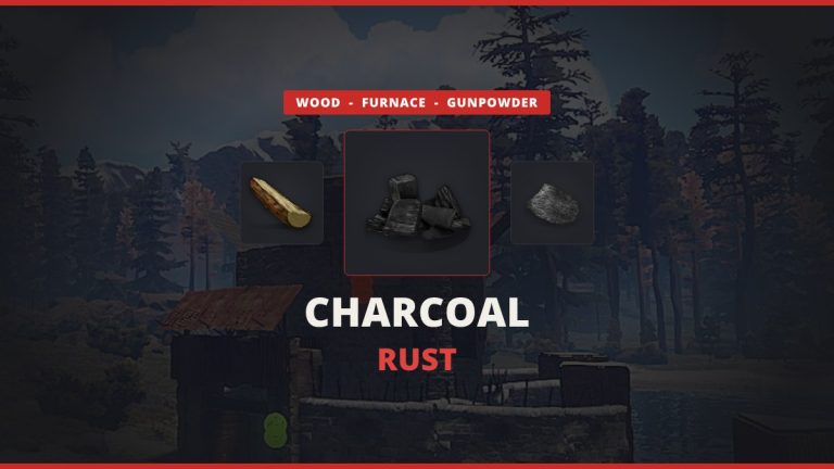 Rust charcoal featured image: the charcoal icon between wood and gunpowder over a real in-game Rust base