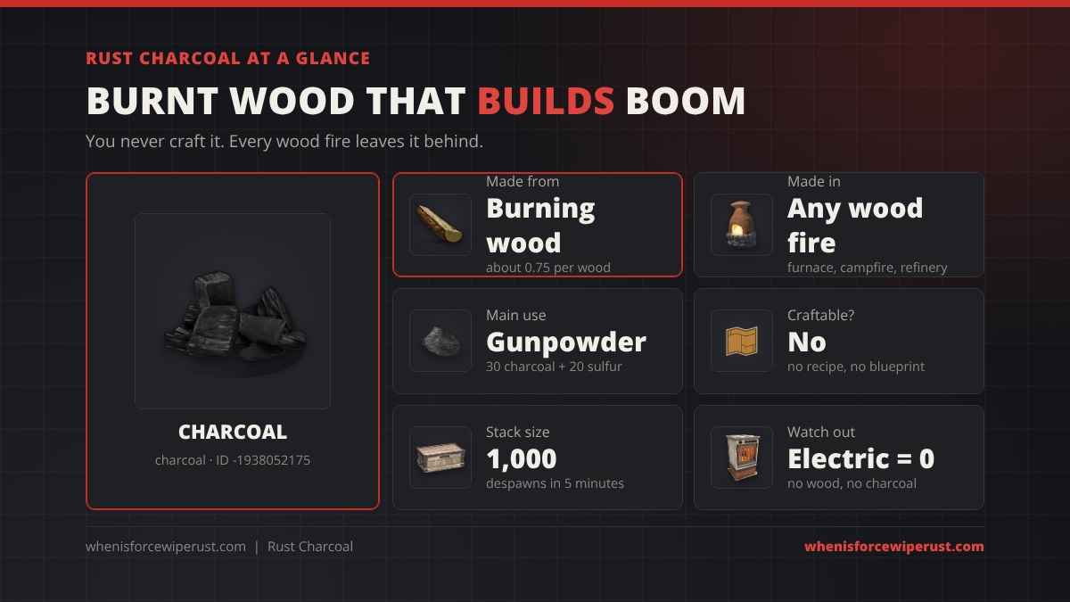 Rust charcoal at a glance: made by burning wood at about 0.75 per wood in any wood fire, used for gunpowder (30 charcoal + 20 sulfur), not craftable, stack size 1,000, electric furnace makes none