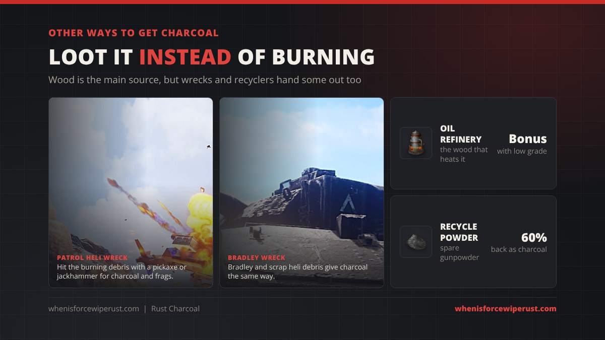 Other ways to get charcoal in Rust: harvest Patrol Heli, Bradley and scrap heli wreck debris with a pickaxe or jackhammer, burn wood in an oil refinery, and recycle spare gunpowder
