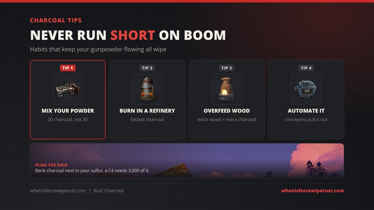 Charcoal tips in Rust: mix gunpowder at a mixing table for 20 charcoal not 30, burn wood in a refinery for the fastest charcoal, overfeed furnaces with wood, automate output with industrial conveyors