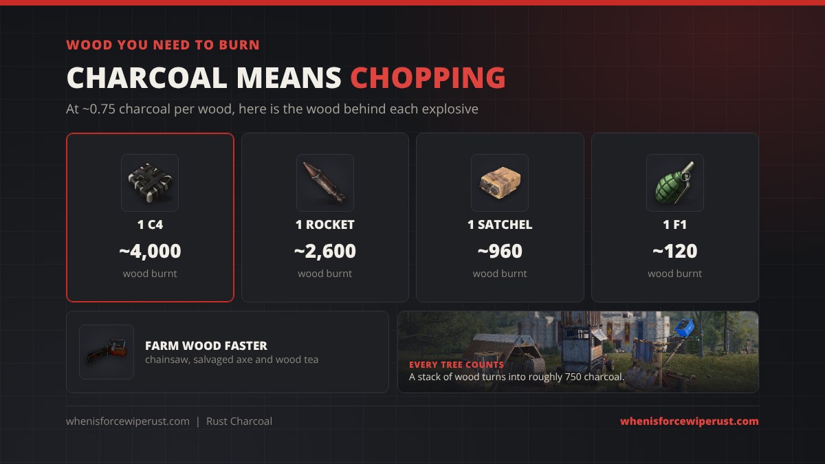 Wood needed for charcoal in Rust: about 4,000 wood for one C4, 2,600 for a rocket, 960 for a satchel and 120 for an F1 grenade at 0.75 charcoal per wood