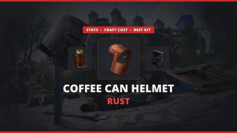 Coffee Can Helmet Rust featured image: the red Rust Coffee Can Helmet icon between a sewing kit and a Workbench 2 over darkened official Rust armor art