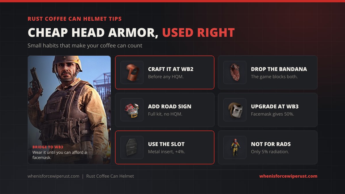Rust coffee can helmet tips: craft it at Workbench 2 before any HQM, drop the bandana because the game blocks both, add road sign armor for a full no-HQM kit, upgrade to a Metal Facemask at Workbench 3, use the insert slot for a metal insert, and do not rely on it for radiation
