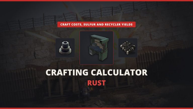 Rust crafting calculator featured image: a Workbench Level 3 between gears and a C4 over a darkened raid scene