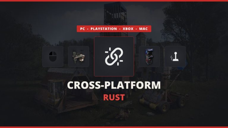 Is Rust cross-platform featured image: a broken link icon between Rust computer station, mouse, arcade machine and controller icons over darkened official Rust art