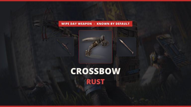 Crossbow Rust featured image: the Crossbow between a Hunting Bow and a wooden arrow over official Rust crossbow art