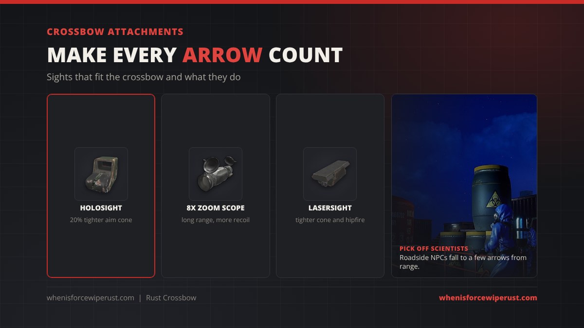 Rust crossbow attachments: the holosight for a 20 percent tighter aim cone, the 8x zoom scope for long range and the lasersight for a tighter aim and hipfire cone