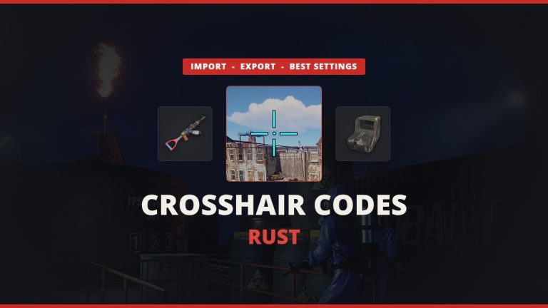 Rust crosshair codes featured image: a cyan custom crosshair over a real Outpost screenshot between the AK-47 and holosight icons, over a real oil rig scene