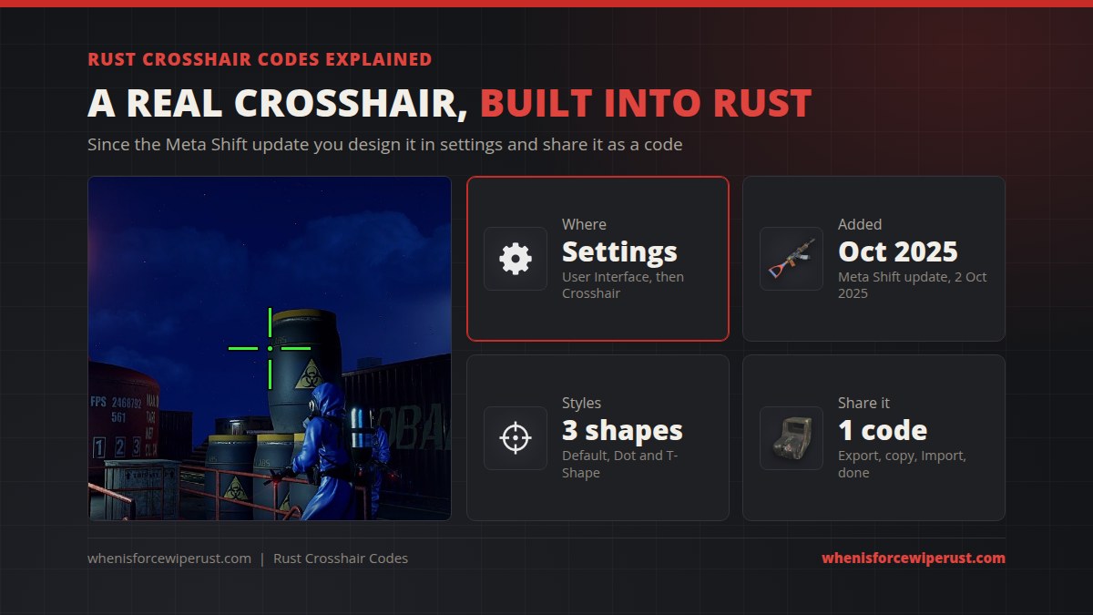 Rust crosshair codes explained: a green custom crosshair over a real Rust oil rig screenshot, with the menu path Settings, User Interface, Crosshair, the Meta Shift update of October 2025, three crosshair styles and one shareable code