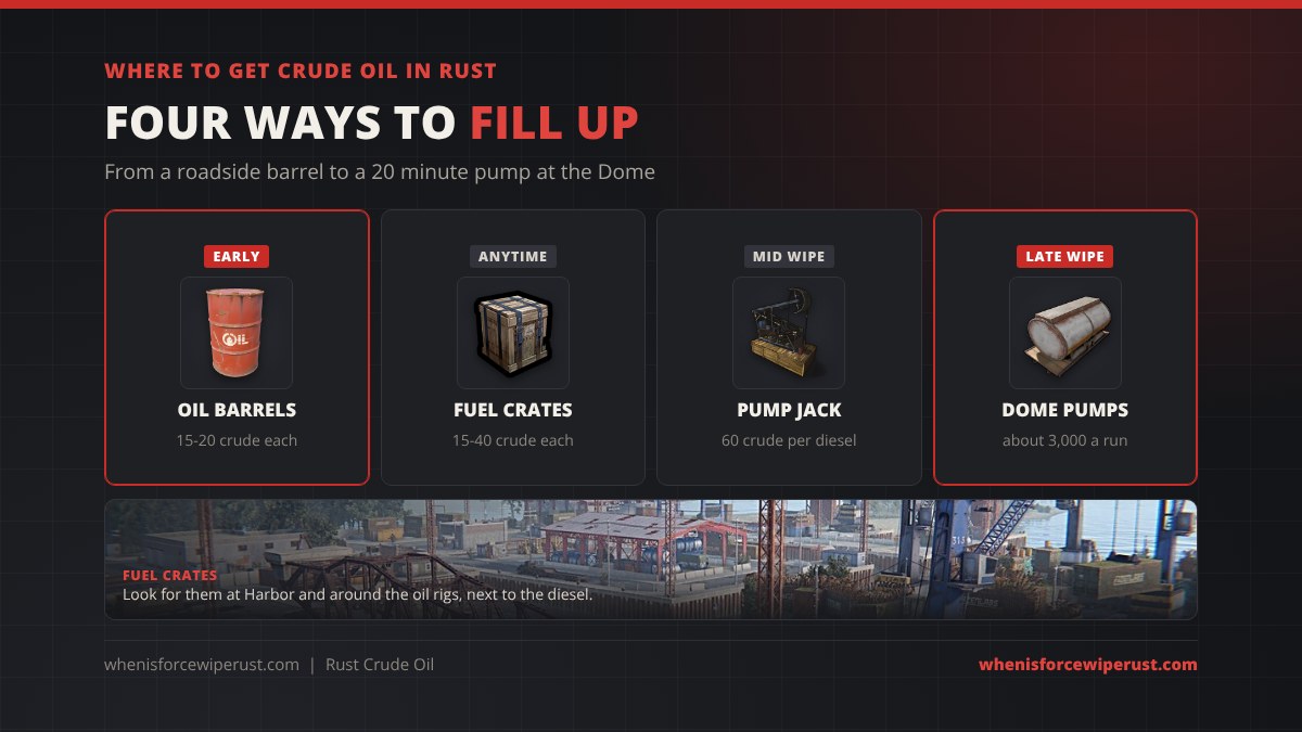 Where to get crude oil in Rust: red oil barrels give 15 to 20 crude each, fuel crates 15 to 40, a pump jack 60 crude per diesel and the Dome pumps about 3,000 crude a run