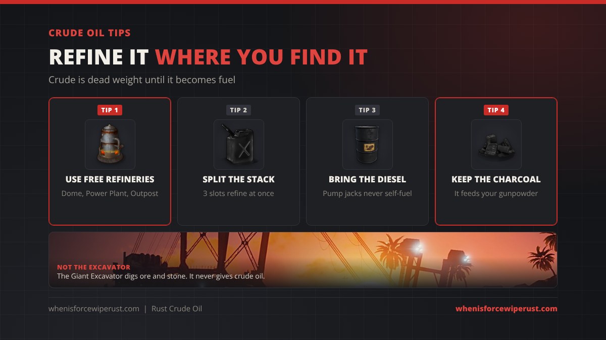 Rust crude oil tips: use free monument refineries, split crude across three refinery slots, bring diesel for pump jacks, keep the charcoal, and remember the Giant Excavator never gives crude oil