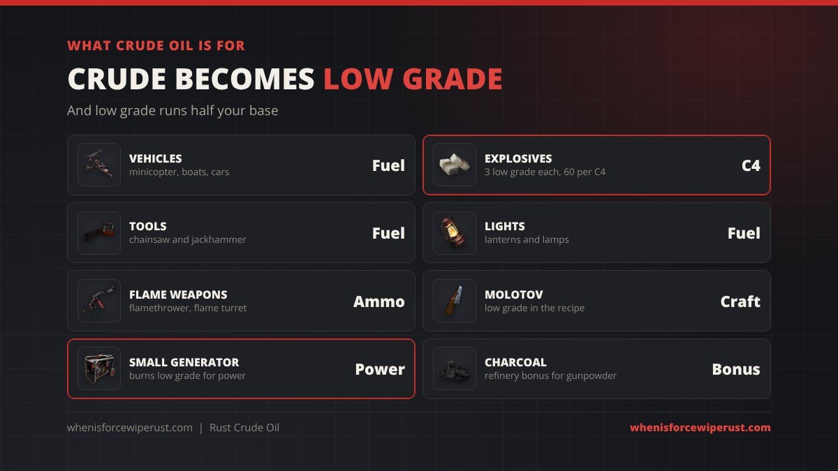What crude oil is for in Rust: refined low grade fuel powers vehicles, explosives for C4, the chainsaw and jackhammer, lanterns, flame weapons, molotovs and the small generator, and refining leaves charcoal for gunpowder